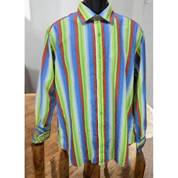 Robert Graham Mens Striped Dress Shirt Large Bright Multi-Color - Picture 1 of 9